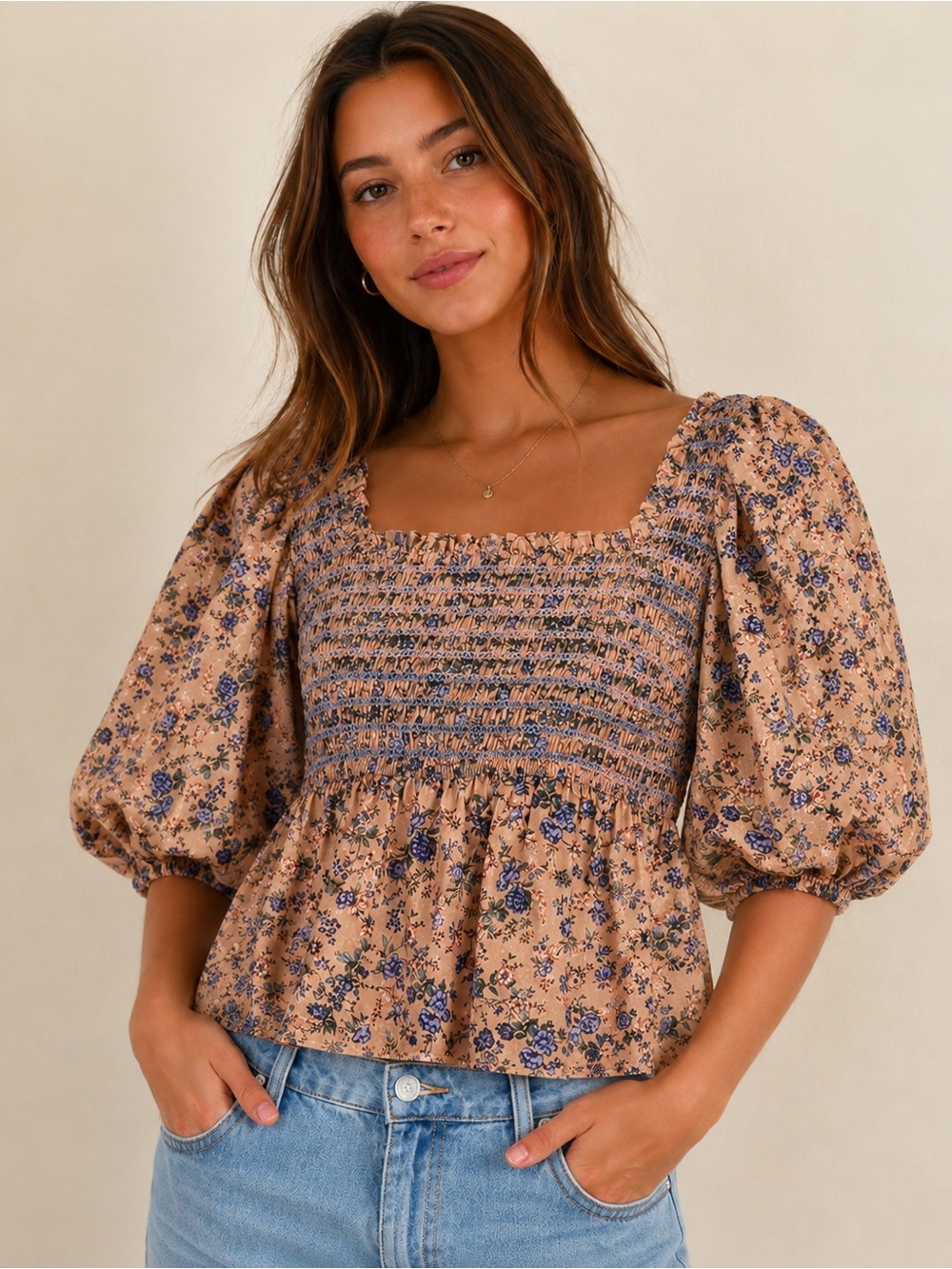 FREE THE ROSES- Peach Floral Smocked Puff Sleeve Peplum Top Medium NWOT